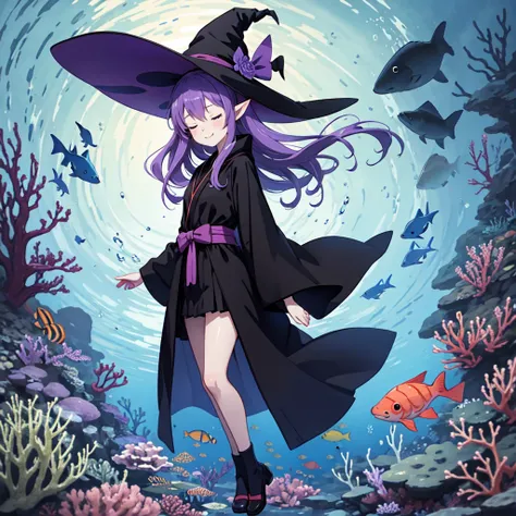 a beautiful anime girl with long purple hair, wearing a black robe, pointy ears, and a witch hat, a cute cartoon illustration, full body, high school student, floating in deep underwater, eyes closed