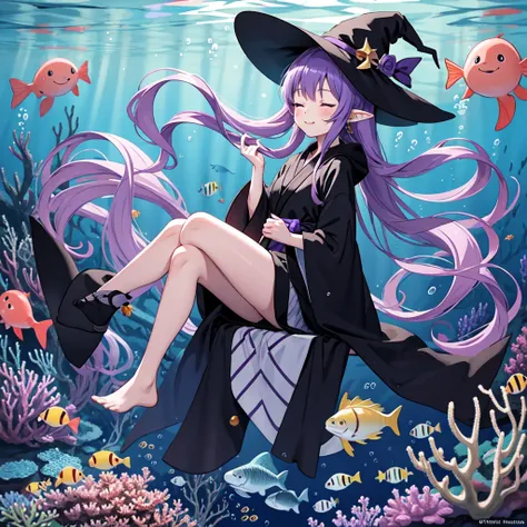 a beautiful anime girl with long purple hair, wearing a black robe, pointy ears, and a witch hat, a cute cartoon illustration, full body, high school student, floating in deep underwater, eyes closed