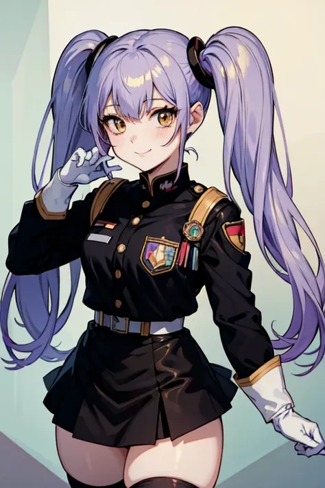 (masterpiece), (Highest quality), Detailed face, anime (style), Hoshino_It is_(dry), One girl, View your viewers, Purple Hair, Yellow Eyes, Twin tails, hair ornaments, army, army uniform, White gloves, smile, evil smile, Portraiture, badge, Black Skirt, Bl...