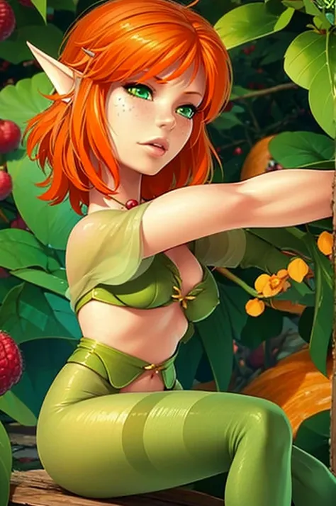 Princess Selenia - Arthur and the Invisibles, cute sexy elf girl with short orange hair, freckles, slender body, green eyes, porn, hentai, sexy green lingerie, green stockings, giant raspberry bush in the background