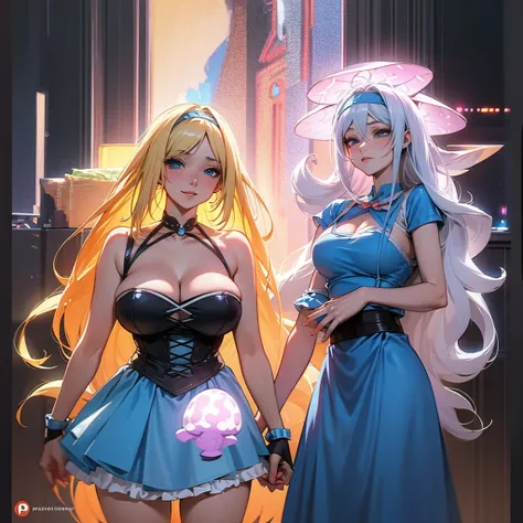 a beautiful 20 year old blonde woman with big messy hair in a blue dress, white stockings, black headband, cleavage, holding a glowing mushroom, fantasy art style, rossdraws cartoon vibrant, alice x. zhang, alice in wonderland cyberpunk, cute detailed digi...