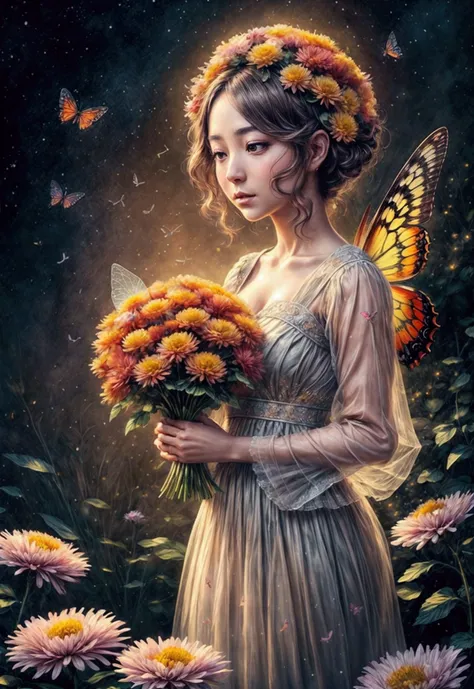 a field of beautiful chrysanthemum flowers, butterflies flying,detailed floral arrangements, intricate petal textures, vibrant colors, natural lighting, cinematic composition, ethereal atmosphere, dreamlike quality, delicate butterfly wings, seamless integ...