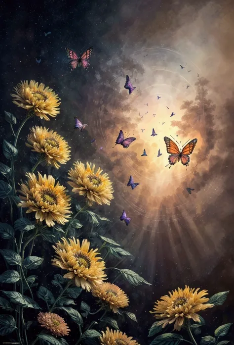 a field of beautiful chrysanthemum flowers, butterflies flying,detailed floral arrangements, intricate petal textures, vibrant colors, natural lighting, cinematic composition, ethereal atmosphere, dreamlike quality, delicate butterfly wings, seamless integ...