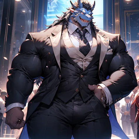 Very muscular gray dragon, big pecs, heavy weight, bodybuilder build, wearing white suit, formal attire, large bulge, standing while playing with a smartphone, in the public full of building, bright smile expression, glistening skin, black long hair,vibran...