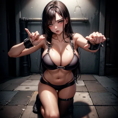 long dark hair / big tits / brown eye /  in floor. sexy pose . handcuffs on hands