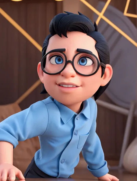 Cartoon character of a man in black glasses and blue shirt, open rbanca and black hair, animation character, stylized character, animation style rendering, 3d stylized, Arnold Maya rendering, Stylized 3D rendering, toon render screenshot, 3d character, 3d ...