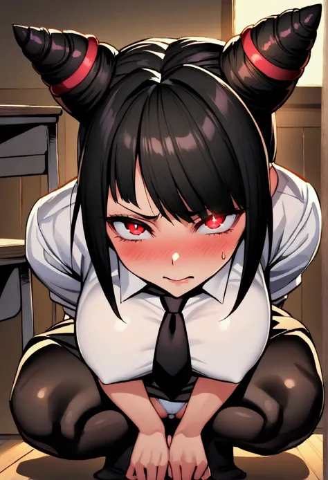 Juri Han, Artwork, fitted white secretary shirt with black tie, Very short black skirt,White-panties, skirt short,sock, Bblack hair,hair horn, frightful,desk,bangs on the eyes,Lighting,hair horn, Evil smile, facing at viewer, gazing at viewer, from low, bu...