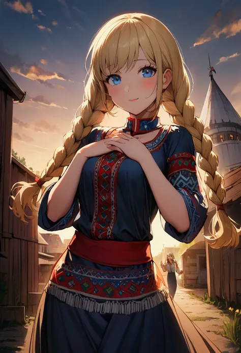 1 girl with long blonde hair, hair braided into two braids, Blue eyes, delight on the face, medium breasts, Slavic dress, holds his hands to his chest, Slavic village in the background