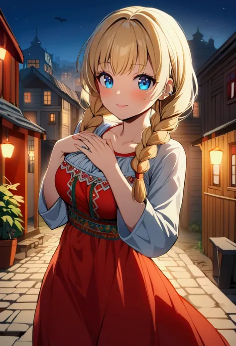 1 girl with long blonde hair, hair braided into two braids, Blue eyes, delight on the face, medium breasts, Slavic dress, holds his hands to his chest, Slavic village in the background