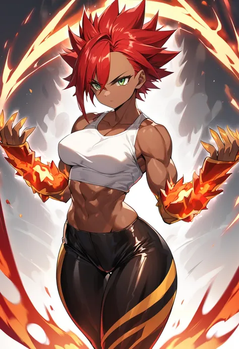 a girl, Saiyan, super saiyan, strong and spiky red hair, green eyes, defined muscles, thin waist, wide hips, dark skin, medium breasts, tight clothes, white t-shirt, black pants, hot red aura around her, heat emanating , generating enormous energies from h...