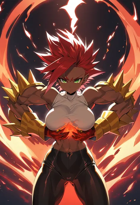 a girl, Saiyan, super saiyan, strong and spiky red hair, green eyes, defined muscles, thin waist, wide hips, dark skin, medium breasts, tight clothes, white t-shirt, black pants, hot red aura around her, heat emanating , generating enormous energies from h...