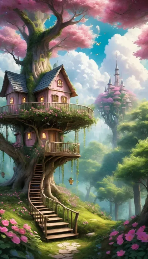 Imagine an enchanted forest, where tall trees intertwine forming a green canopy. Between the cups, white clouds float gently, creating a magical atmosphere. At the center, a cozy little house is delicately built into a sturdy tree, with small windows and a...