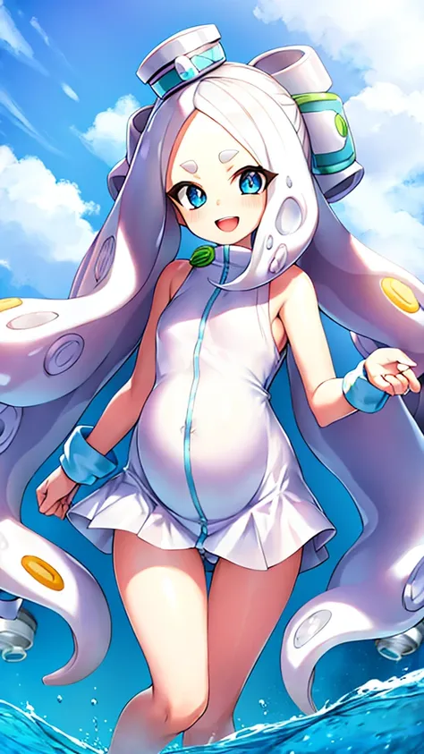 splatoon style,cute girl,white long Hair,shiny delta forehead,Bangs parted in middle of forehead,blue eyes,white battle suit,baby face,Macaron-shaped headgear,open mouth smile,thigh gap,pregnant,