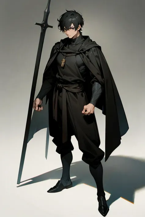 A adult anime man, black eyes, short black hair, muscular thin body, black medieval clothes, full body, standing, serious face