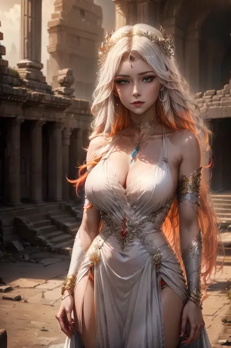 a woman with long orange hair, a beautiful white dress with intricate neckline, mysterious smile, ancient temple in ruins, dark ...