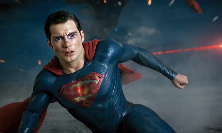 superman doing superhero landing while shooting red lasers out of eyes ,in a scenario with destruction ,, standard scenario , im...