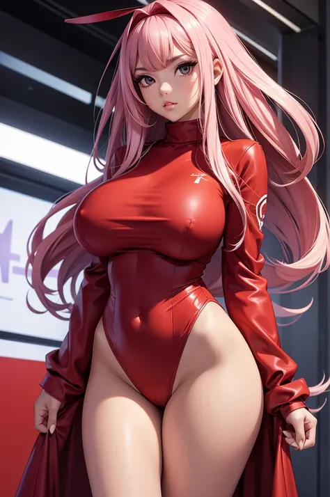 A girl , black eyes, big hair, sexy clothes, huge breasts, thick thighs, beautiful face, best resolution, detail, best quality, best resolution,sexy clothes covering private parts ,Red clothes from zero two