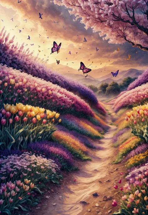 a field of beautiful tulip flowers, purple and golden butterflies flying,detailed floral arrangements, intricate petal textures, vibrant colors, natural lighting, cinematic composition, ethereal atmosphere, dreamlike quality, delicate butterfly wings, seam...