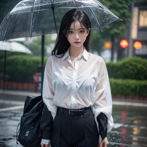 Beautiful woman getting wet in the rain、typhoon、Get wet without an umbrella、Beautiful woman in the rain、雨で濡れたBeautyOL、Detailed face、Realistic、beautiful girl、Beauty、Office Lady Uniform、beauty、Beautiful woman、Narrow waist、Handsome woman、Tight pants look、suit...