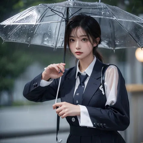 Beautiful woman getting wet in the rain、typhoon、Get wet without an umbrella、Beautiful woman in the rain、雨で濡れたBeautyOL、Detailed face、Realistic、beautiful girl、Beauty、Office Lady Uniform、beauty、Beautiful woman、Narrow waist、Handsome woman、Tight pants look、suit...