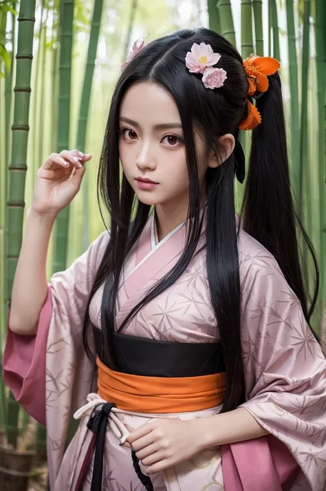 A realistic depiction of Nezuko Kamado from Demon Slayer (Kimetsu no Yaiba), portrayed as a real person. She has long, flowing black hair with orange tips and large, expressive pink eyes. She is wearing a light pink kimono with a geometric pattern, a dark ...