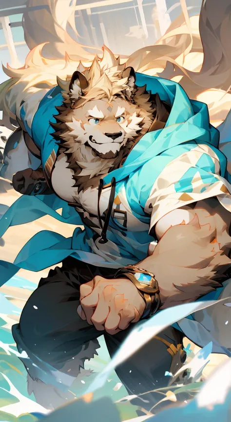  dog,Light brown fur,Light blue eyes,Happy expression,Light blue eyes,Light Blonde,Wear a black hoodie， Skin detailed,Light rice hair, Droopy ears,Deviation trend,hairy art,Hairy chest,hairy,hairy character,hairy body，hairy neck smiled，Wearing nude，Topless