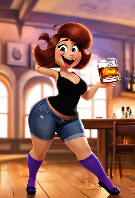 Very drunk girl big size cilicone tits pixar animated happy drinking whisky dance 