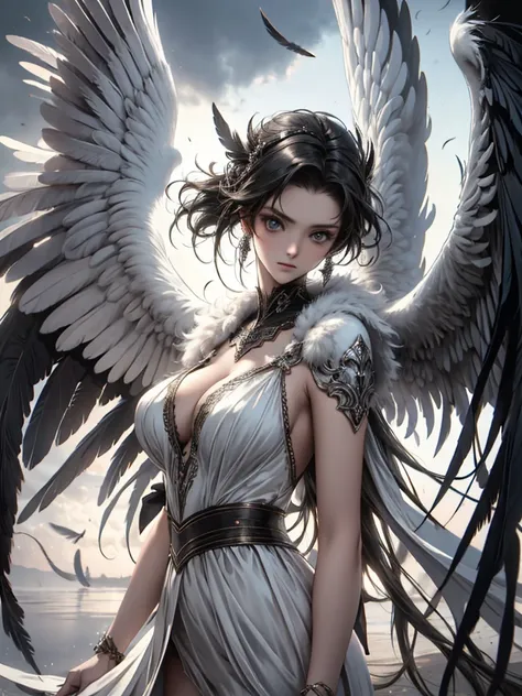 masterpiece, Angel Girl, Brunette with wings, White dress with feathers, Close-up portrait, Delicate face, Lots of black feathers, silver，Black Wings