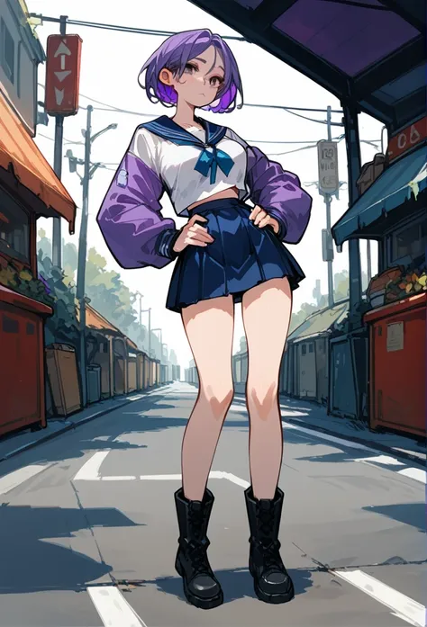 Masterpiece, best quality, high resolution, 1 woman , straight purple hair , Bob , conjunctivitis , A cold expression , sailor shirt , short skirt , boots, Long legs , full body , abdomen , big breasts , Put your hands on your hips... , roadside