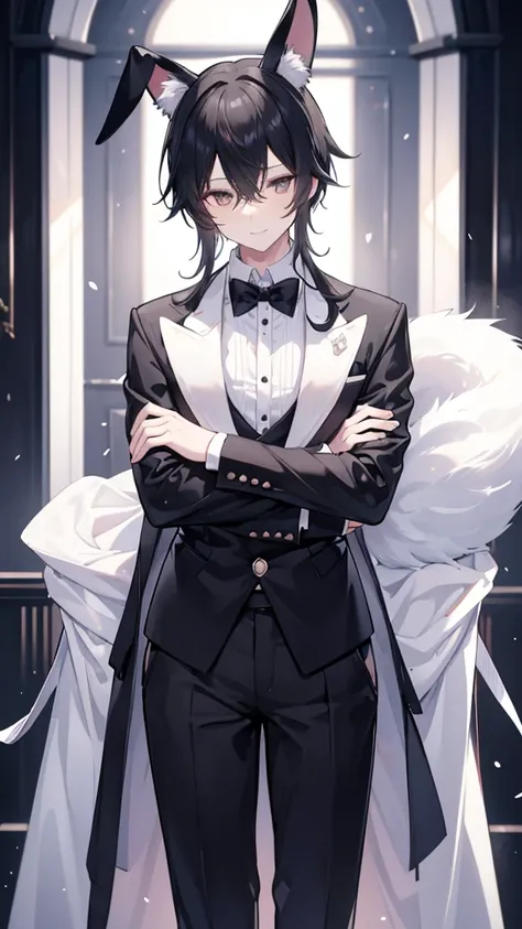 Black rabbit ears,Butler,male,Peeking into this,A white cloth is draped over his left arm.,Are standing,Butlerの格好をしたmale,High resolution, Ultra high definition, High-resolution model, Black Hair, Animal ears, Hairy ears,Bedroom smile, Black clothes,male性