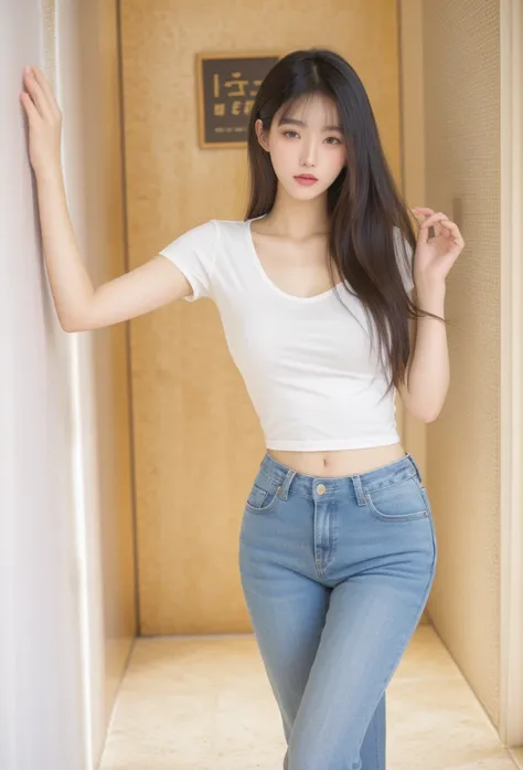 Asian woman in white shirt and jeans leaning against the wall, Beautiful young Korean woman, Photos of slim girls model, Wear tight, simple clothing, Thin waist and thick hips, Beautiful Korean woman, Photos of slim girls, Beautiful young Korean woman, Smo...