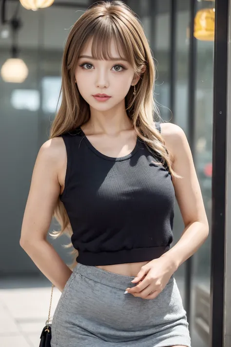 Generate a close-up image of a cute Japanese gal gazing at you with a seductive expression。She is wearing a sleeveless top and a tight mini skirt.、like々It emphasizes a stylish look.。Hair is a trendy color（For example, light brown or blonde）Dyed by、It has l...