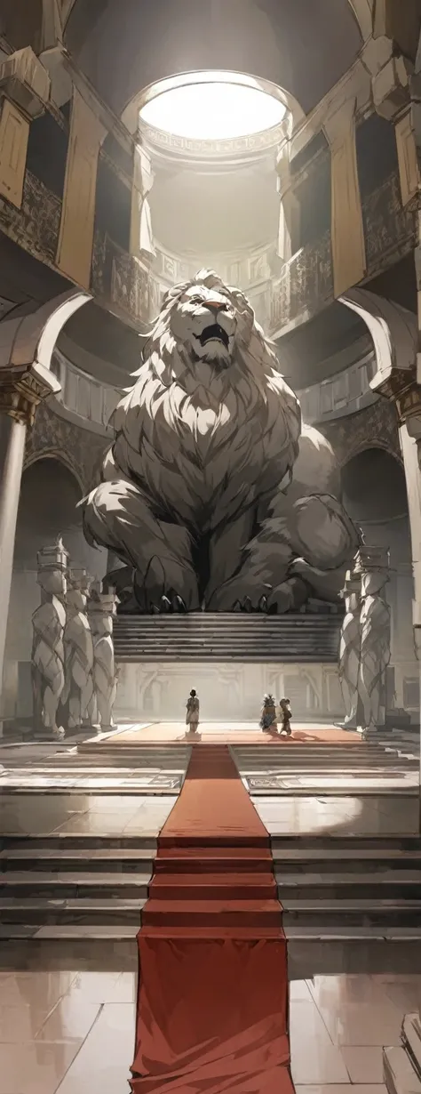 Comic scene，The grand palace，There is a lion monster statue in the middle，There are four pillars next to it，Light and Shadow，Atmosphere，Beautiful scene wallpaper