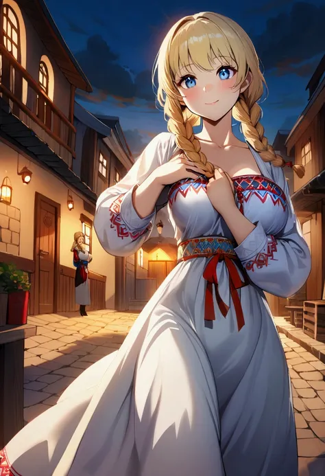 1 girl with long blonde hair, hair braided into two braids, Blue eyes, delight on the face, medium breasts, white Slavic dress, holds his hands to his chest, Slavic village in the background