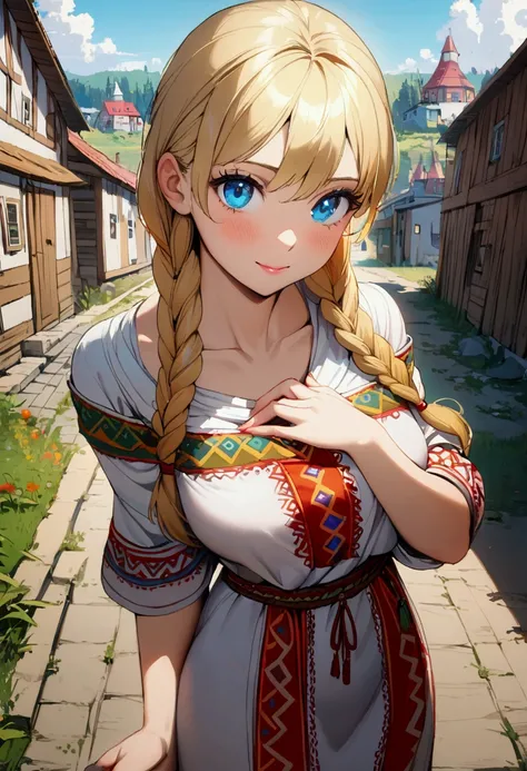 1 girl with long blonde hair, hair braided into two braids, Blue eyes, delight on the face, medium breasts, white Slavic dress, holds his hands to his chest, Slavic village in the background