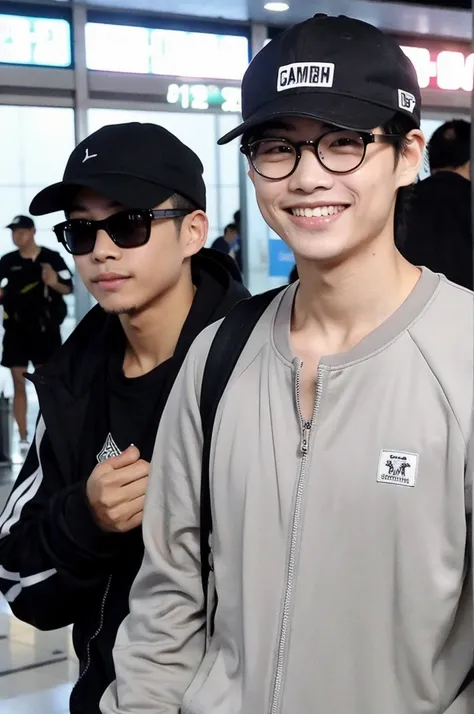 Vietnamese boy. He smiles, while being photographed by paparazzi. He wears a jogging suit and a cap with glasses. He is at the airport. His hair is black and well styled. He is tall and muscular and has light skin. ￼