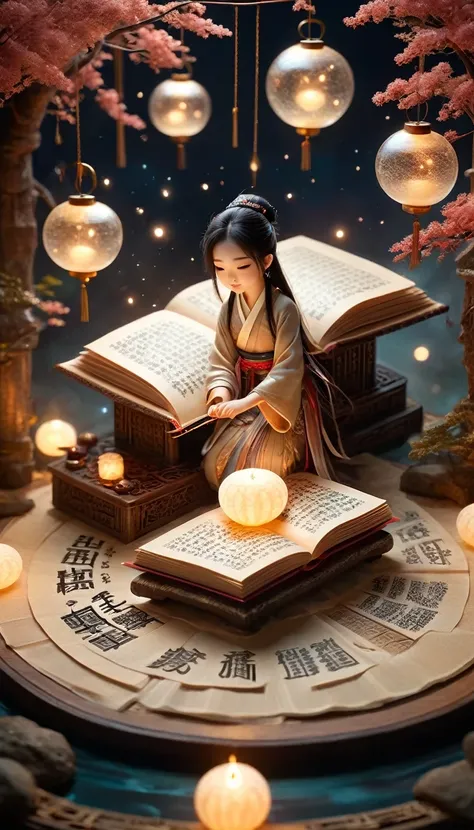 Three-dimensional ancient style，Romantic ancient style，Dark night shimmer，Elegant and simple，3 tiny people，Macro Photography，Suspension，Rolled up rice paper filled with calligraphy，High Angle Shot，Depth of Field，Bioluminescence，Chen Jia Leng，Quiet atmosphe...