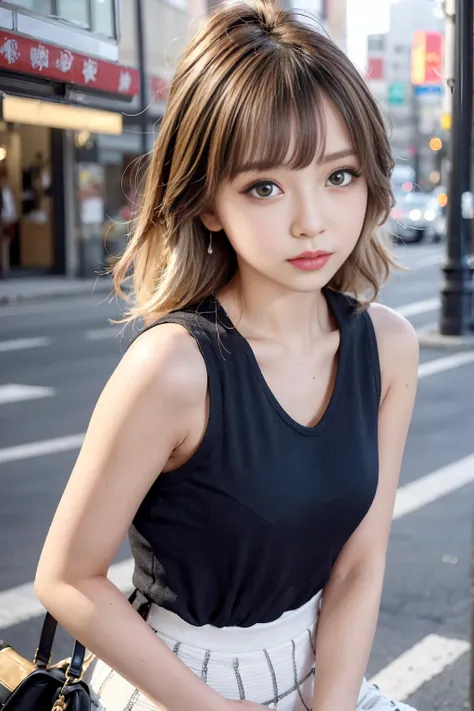 Generate a close-up image of a cute Japanese gal gazing at you with a seductive expression。She is wearing a sleeveless top and a tight mini skirt.、like々It emphasizes a stylish look.。Hair is a trendy color（For example, light brown or blonde）Dyed by、It has l...