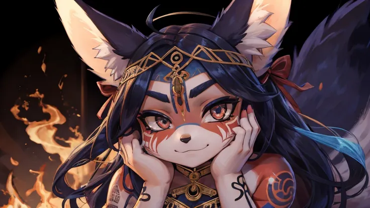 The best definition,(1 teenager) High Definition, kitsune ears, tribal tattoo, flirty girl, Small breasts add_detail, magician girl add_detail, sensual pose, horny girl, with a sarcasm expression he puts his hands to his face with a mischievous expression ...