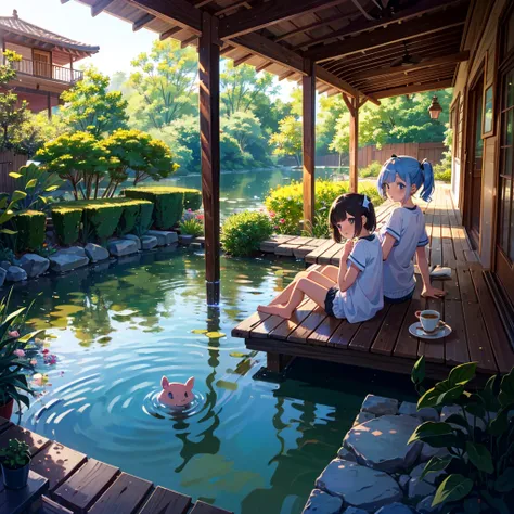 Masterpiece, highest quality, high resolution background, bright and beautiful atmosphere, 3 girls (2 years old, 1 short-tempered round face), 1  (hair, surface effects), small breasts, girl sitting on the veranda, on the veranda There are dumplings and te...