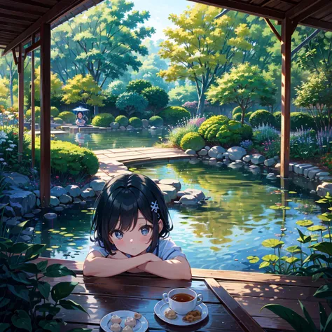 Masterpiece, highest quality, high resolution background, bright and beautiful atmosphere, 3 girls (2 years old, 1 short-tempered round face), 1  (hair, surface effects), small breasts, girl sitting on the veranda, on the veranda There are dumplings and te...