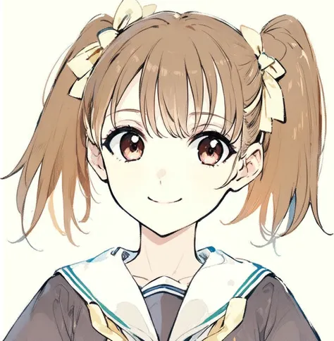 ((masterpiece)), ((Highest quality)), (smile), Anime Girls with ponytails and a sailor outfit with a bow, Cute girl anime visuals, 茶髪でTwin tailsの女子高生, Cream colored ribbon, Twin tails, portrait of an Anime Girls, Gray Sailor Suit, portrait of cute Anime Gi...