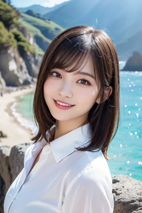 (a very detailed woman in an oversized white collared shirt, with a full body shot, complex and beautiful eyes, a feminine hairstyle, natural colored lips, big breasts, posing in a valley with an ocean backdrop, giving a bold and sexy smile, a young adorab...