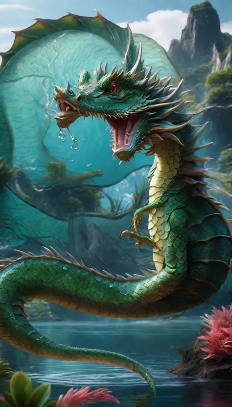 Panorama，Water dragon creature(best quality，4K，8k，High level，masterpiece：1.2），Ultra Detailed，（lifelike，Photo real，Photo real：1.37），Highly detailed animals，Complex patterns，Realistic lighting，Fantasy Creatures