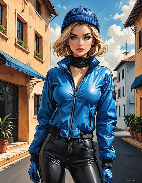 (((girl in Blue zipped up down winter jacket and black turtleneck )) and levis (jeans) and blue gloves and (((blue winter hat)))) walking against the backdrop of a white hotel in the tropics,outside, adult, [Nordic], Hourglass elongated fitness body, perfe...