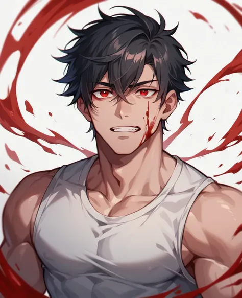 Man with black hair and blood red eyes and handsome face 