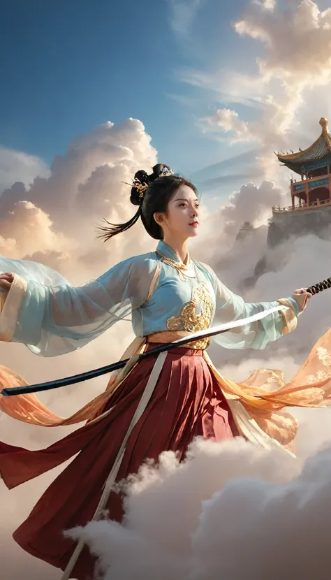 Chinese style illustration, chinese clothes, hanfu,A female hero wields two swords, surrounded by clouds and mist. She steps on the auspicious clouds and rides on the clouds., A strong light shines behind her back, ,chinese clothes, hanfu, detailed , splen...