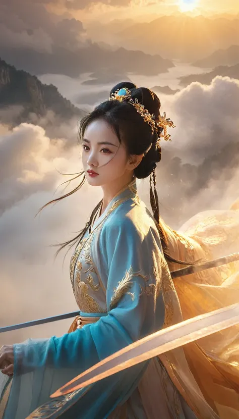 Chinese style illustration, chinese clothes, hanfu,A female hero wields two swords, surrounded by clouds and mist. She steps on the auspicious clouds and rides on the clouds., A strong light shines behind her back, ,chinese clothes, hanfu, detailed , splen...