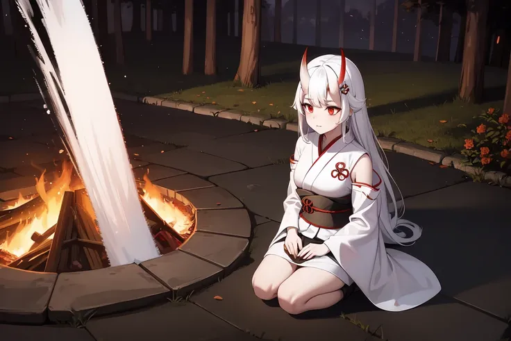 1girl, white hairs, red eyes, white kimono, black armor parts, long hair, Oni horns, katana, lake, night, campfire, sitting on ground,