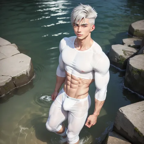 Bishonen man 29 years old, sexy, handsome man, strong jawline, 59 feet tall with stylish grey mullet haircut, athletic slim body, very light skin, short sheer plain all white brief with big bulge, wearing white socks, standing in a river water, smirking fl...